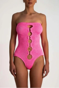 Paramidonna Bandeau Geribbeld Badpak Neon Roos